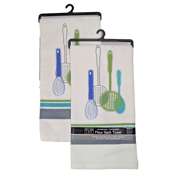 Uptown Cafe Kitchen Utensils Flour Sack Towel Soft 2-Pc Blue Green Lint Free NEW - Picture 1 of 4